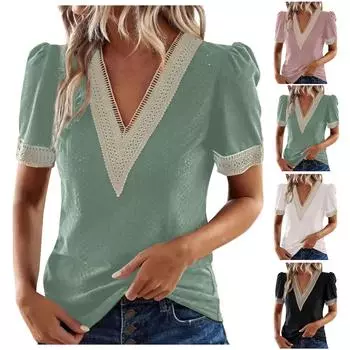 Женская кружевная свободная футболка с v-образным вырезом и вырезом с коротким рукавом L розовый