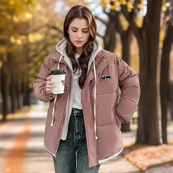 Женская куртка 2024 года, зимняя женская хлопковая куртка, женская контрастная поддельная двухкомпонентная утепленная парка, пальто, женская зимняя куртка S хаки