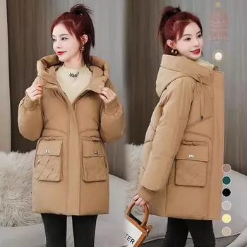 Женская куртка 3XL, зимнее утолщенное хлопковое пальто средней длины, свободная хлопковая куртка большого размера с капюшоном, модное хлопковое пальто в западном стиле M чёрный