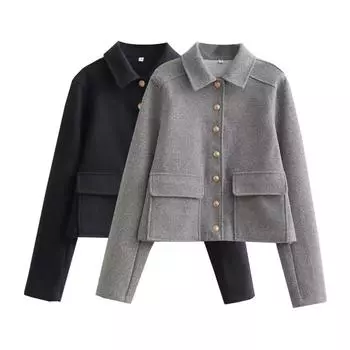 Женская куртка-авиатор серого цвета, пальто из шерсти и смесей, укороченная куртка-бомбер, осень-зима, демисезонная укороченная куртка, верхняя одежда S темно-синий