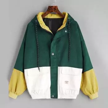 Женская куртка-бэчворк с завязками на завязках, цветная осенняя куртка свободного покроя, женская вельветовая куртка с длинным рукавом XXXL зелёный