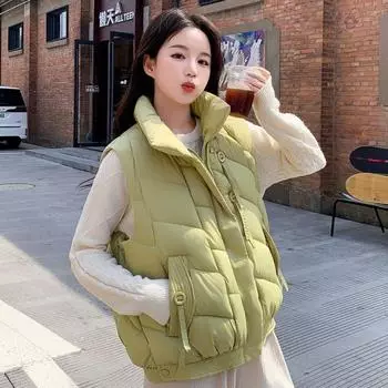 Женская куртка без рукавов с воротником-стойкой, свободный крой, короткий пуховый хлопковый жилет, осенне-зимняя одежда, корейский стиль M чёрный
