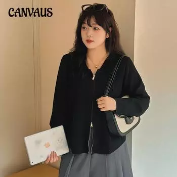 Женская куртка больших размеров с капюшоном и двойной молнией, осенний свободный вязаный кардиган XL чёрный