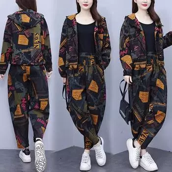 Женская куртка больших размеров с капюшоном и застежкой-молнией + повседневные широкие брюки, спортивный комплект из двух предметов на весну и осень 4XL