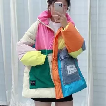 Женская куртка большого размера с большими карманами, зимнее пальто с застежкой-молнией в стиле пэчворк, пуховик высокого качества S