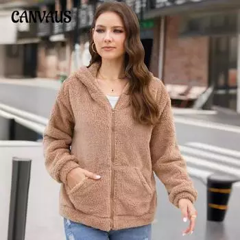 Женская куртка большого размера свободного покроя из толстого плюша с капюшоном S чёрный