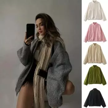 Женская куртка-бомбер большого размера, осенняя новинка, круглый вырез, длинный рукав, карман, скрытые пуговицы, свободные куртки, пальто, женская верхняя одежда S бежевый