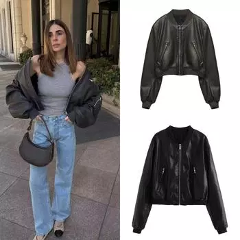 Женская куртка-бомбер из искусственной кожи, новинка 2024 года, женский стиль S чёрный