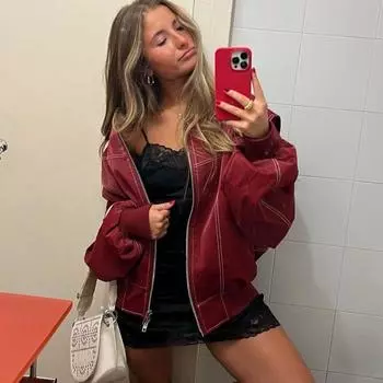 Женская куртка-бомбер из кожи на молнии, пальто, свободная куртка с контрастной строчкой и длинным рукавом, осенняя верхняя одежда для мотоциклистов S красный