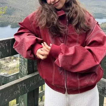 Женская куртка-бомбер из кожи на молнии, пальто, свободная куртка с контрастной строчкой и длинным рукавом, осенняя верхняя одежда для мотоциклистов S красный