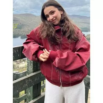 Женская куртка-бомбер из кожи на молнии, пальто, свободная куртка с контрастной строчкой и длинным рукавом, осенняя верхняя одежда для мотоциклистов S красный