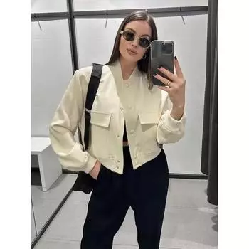 Женская куртка-бомбер, модные весенне-осенние куртки с карманами, пальто, повседневная верхняя одежда с длинными рукавами, шикарные топы L чёрный