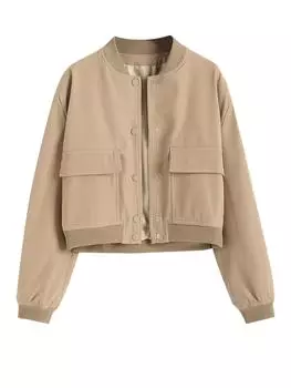 Женская куртка-бомбер на молнии с клапанами и карманами-карго ZAFUL, однотонная M света кофе