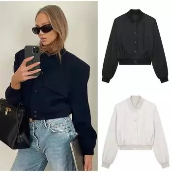 Женская куртка-бомбер, пальто, осень-зима, пуговицы, бейсболка, авиатор, укороченные куртки для женщин, укороченная верхняя одежда с длинным рукавом XS чёрный