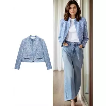 Женская куртка-бомбер с пайетками, круглый вырез, длинные рукава, карманы, аппликация из пайеток, короткая куртка, пальто, весенняя женская шикарная верхняя одежда XS