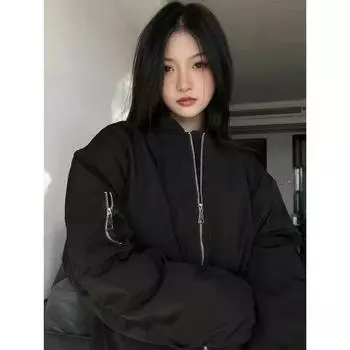 Женская куртка-бомбер в стиле Харадзюку Y2k, винтажная куртка-авиатор на молнии, японская мода, уличная одежда, бейсбольный топ S чёрный