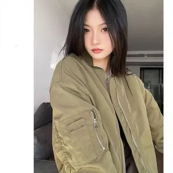 Женская куртка-бомбер в стиле Харадзюку Y2k, винтажная куртка-авиатор на молнии, японская мода, уличная одежда, бейсбольный топ S чёрный