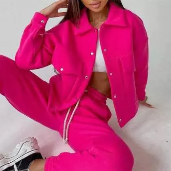 Женская куртка, брючный костюм, однотонный, теплый, повседневный, стильный, осеннее пальто с глубоким промежутком, комплект брюк для повседневной носки L чёрный