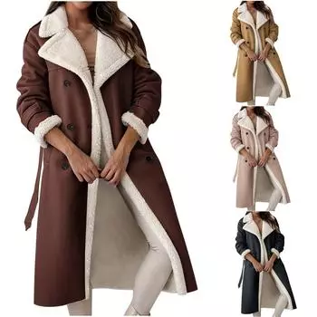 Женская куртка, длинная, однотонная, модная, однотонная, с воротником-стойкой, с лацканами, композитная кожа, плюшевое пальто L бежевый