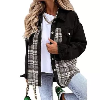 Женская куртка Джинсовая куртка с длинным рукавом в клетку Рубашка на пуговицах Куртка Топ L чёрный