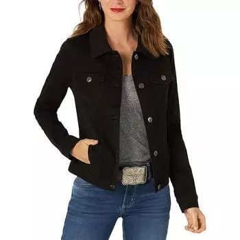 Женская куртка Джинсовое пальто Однотонное Отложной воротник Полный рукав Однобортная Повседневная Вставка Приталенный силуэт XXXL чёрный