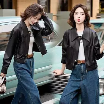 Женская куртка хаки из кожи, новая маленькая короткая мотоциклетная куртка топ на весну и осень M чёрный