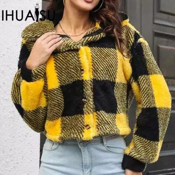 Женская куртка IHUASU из бархата в клетку на осень и зиму с двусторонними рукавами и длинными рукавами S чёрный