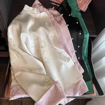 Женская куртка из атласа в стиле ретро с воротником-стойкой и вышитым дзен-дизайном, коллекция Весна 2024 г. L