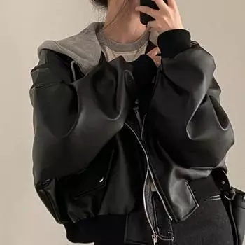 Женская куртка из двух частей из искусственной кожи с капюшоном, застежкой-молнией, верхняя одежда в стиле ретро со шнурком, свободные эластичные манжеты, уличное пальто чёрный