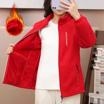 Женская куртка из флиса осень-зима, свободный свитер большого размера с воротником-стойкой и застежкой-молнией, а также толстый бархатный топ XXXXXL красный