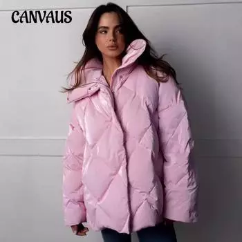 Женская куртка из хлопка с ромбовидной решеткой, свободная куртка на осень и зиму, повседневная куртка из хлопка с матовыми глянцевыми лацканами S розовый