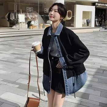 Женская куртка из искусственного денима с контрастными вставками, новая повседневная универсальная куртка S чёрный