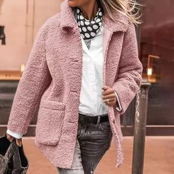 Женская куртка из искусственного меха, повседневная однотонная плюшевая куртка с отворотом из шерпы L розовый