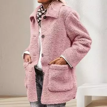 Женская куртка из искусственного меха, повседневная, однотонная, плюшевая куртка с отворотом, шерпа, пальто, теплое S чёрный