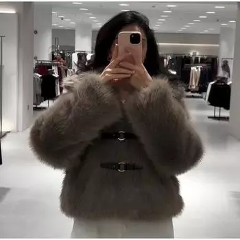 Женская куртка из искусственного меха с длинным рукавом, осенне-зимняя, утолщенная, свободная, пушистая, с лацканами, теплое пальто, элегантная, шикарная, с пряжкой на поясе, верхняя одежда S коричневый