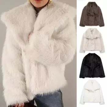 Женская куртка из искусственного меха с отложным воротником, пушистая, уютная, короткая, верхняя одежда с длинным рукавом, свободная S кофейный