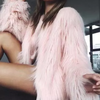 Женская куртка из искусственного меха Yousheng, теплое плюшевое пальто с круглым вырезом, осенне-зимнее однотонное меховое пальто с длинным рукавом для повседневной уличной одежды и шопинга L розовый