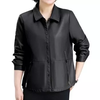 Женская куртка из искусственной кожи, гладкая поверхность, отложной воротник, однобортная модель, карманы, длинные рукава, ретро-пальто для мотоциклистов, плюс XXXL чёрный