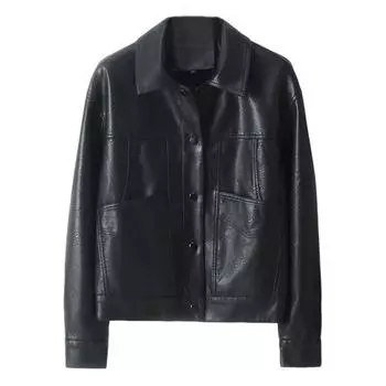 Женская куртка из искусственной кожи, гладкая поверхность, отложной воротник, однобортная, длинные рукава, карманы, ретро L чёрный