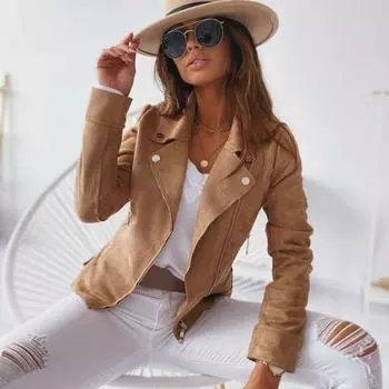 Женская куртка из искусственной кожи, гладкая поверхность, отложной воротник, застежка-молния, длинные рукава, карманы, мотоциклетное пальто для офиса XXL хаки