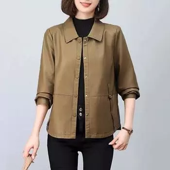 Женская куртка из искусственной кожи, гладкая поверхность, отложной воротник, однобортная модель, карманы, длинные рукава, ретро-пальто для мотоциклистов, плюс XXXL коричневый