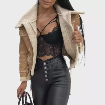 Женская куртка из искусственной кожи и флиса для мотоцикла с воротником-стойкой и короткой молнией (Модель 3120) M