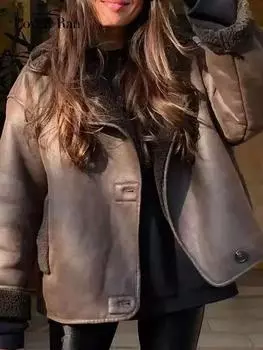 Женская куртка из искусственной кожи из овечьей шерсти, осень-зима, винтажное однобортное пальто с толстыми лацканами, женская теплая верхняя одежда с карманами L темно-коричневого