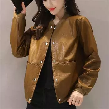 Женская куртка из искусственной кожи, новинка 2021 года, женская весенне-осенняя одежда, пальто, женское короткое кожаное пальто, повседневная куртка из искусственной кожи S чёрный
