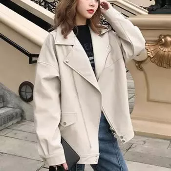 Женская куртка из искусственной кожи PU свободные мотоциклетные куртки женские повседневные уличные свободные пальто корейский шик новые куртки на молнии S чёрный