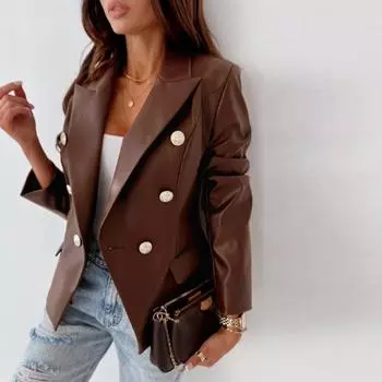 Женская куртка из искусственной кожи с длинными рукавами, двубортная, осенне-зимняя, модная, индивидуальное пальто для поездок на работу, винтажный стиль с лацканами, шикарная уличная одежда S бордовый