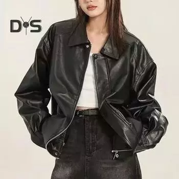 Женская куртка из искусственной кожи с длинными рукавами и отложным воротником, свободная посадка, карман на молнии, сплошной цвет, винтажное женское пальто большого размера в американском стиле XL чёрный