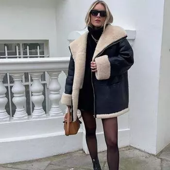 Женская куртка из искусственной кожи с двойной подкладкой из овечьего меха, осенне-зимняя теплая толстая куртка с длинным рукавом на молнии, модная элегантная верхняя одежда S чёрный