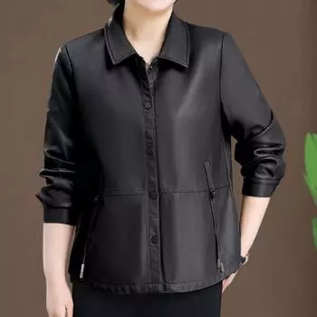 Женская куртка из искусственной кожи с гладкой поверхностью, отложным воротником, однобортным кроем, карманами, длинными рукавами, ретро-пальто для мотоциклистов, верхняя одежда больших размеров для путешествий XL чёрный