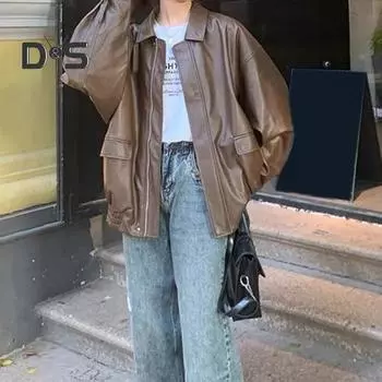 Женская куртка из искусственной кожи с гладкой поверхностью, отложным воротником, застежкой-молнией, длинными рукавами, эластичными карманами по низу, ретро-мотоциклетное пальто M коричневый